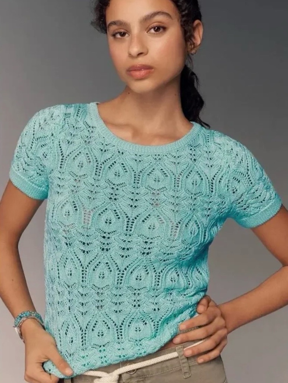 Anthropologie Aqua Openwork Knit Short Sleeve Tee